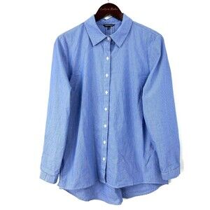 Hannah Women Pinstriped Blue Button Up Tunic Top Size L 1148R4